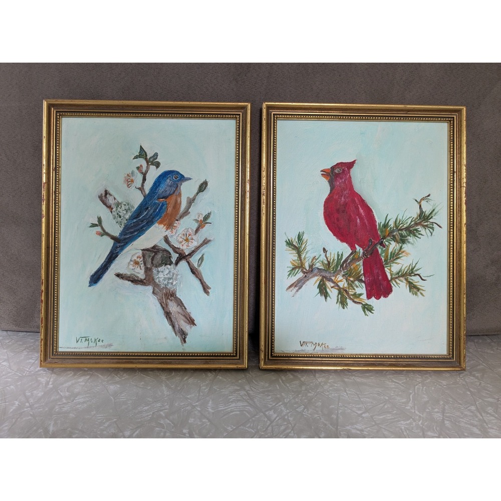 Vintage Oil Paintings Cardinal Bluebird Gold Framed Art Rustic Cottage 10x13